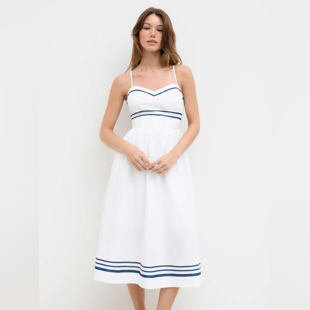 Cider White Midi Dress with Navy Accents